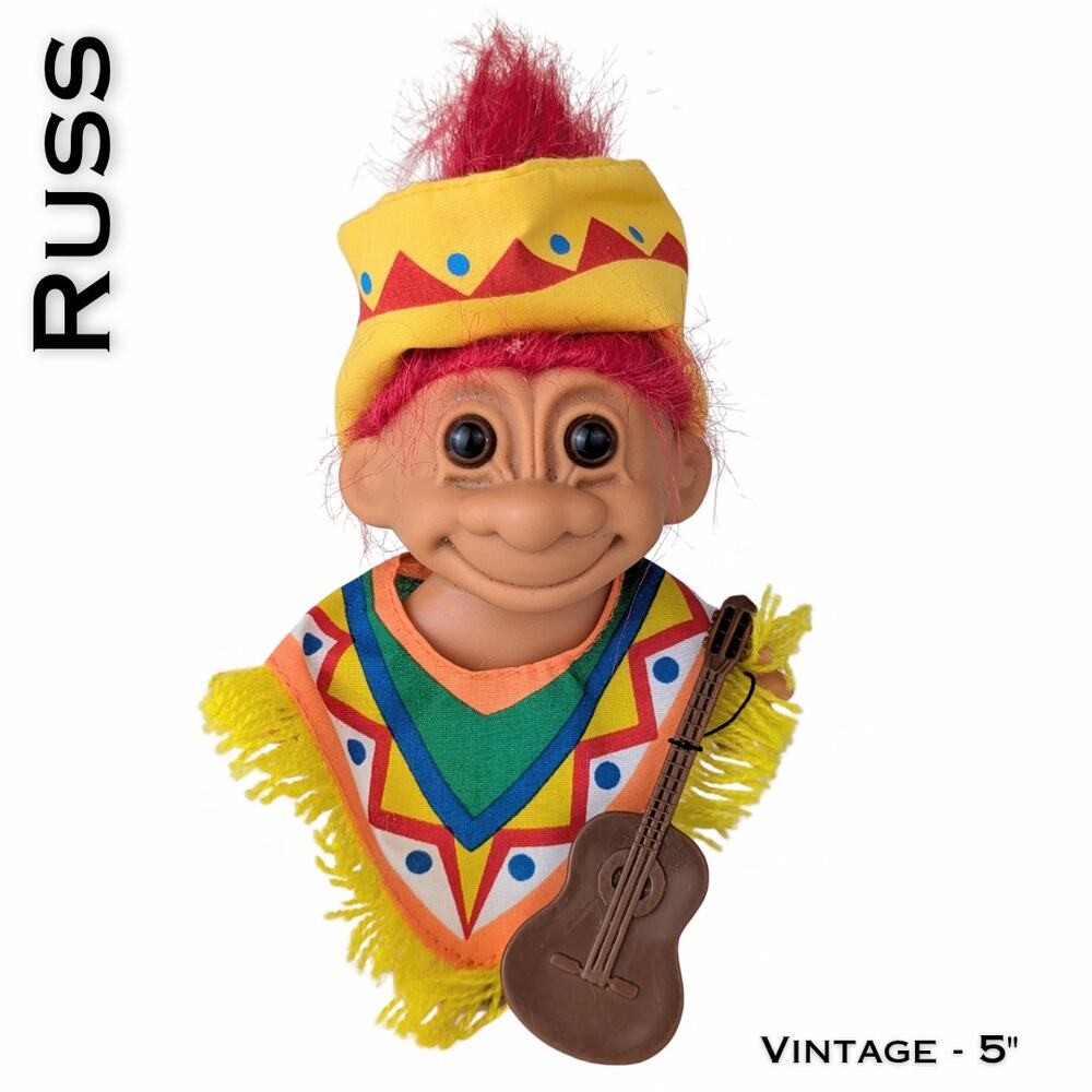 VTG Russ Troll Doll Mexico Trolls Around the World Poncho Sombrero Guitar 5"